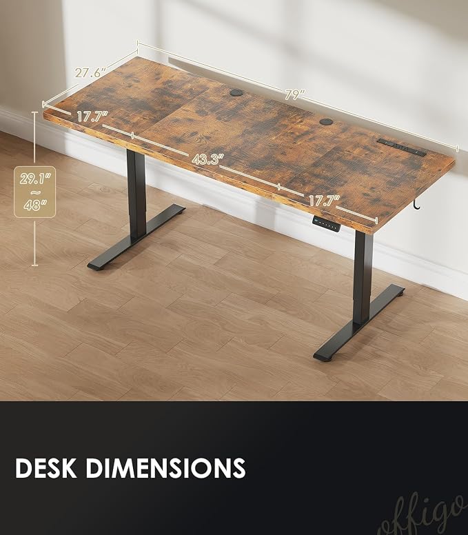 OffiGo 79" Executive Electric Standing Desk Height Adjustable, Rustic Brown | 1.38" Thick 3-Panel Desktop, Power Outlets, 3 Memory Presets, Dual-Beam Frame for Home Office, Workstation, Conference Room