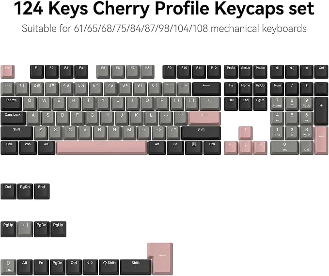 124 Keys Black Grey Pink Keycaps, PBT Double Shot Cherry Profile Keycap Set, Custom Mechanical Keyboard Keycaps for 60% 65% 75% 87% 100% ANSI Layout，Cherry Mx Switches