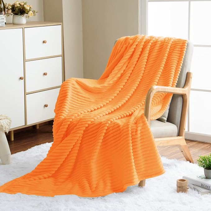 Vessia Flannel Fleece Striped Bed Blanket Twin Size(60x80inch), 300GSM Microfiber Light Orange Comfy Decor, Soft Warm Cozy Lightweight Ribbed Blanket for All-Season