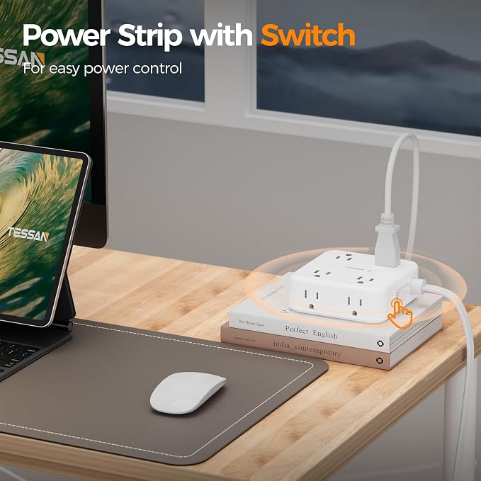 TESSAN Dual Surge Protector Power Strip, 15 Ft Extension Cord Flat Wall Plug with 4 USB (2 USB C) 8 Outlets, 2100J Surge Protection, 20W Multiple Charging Station for Home, Office, Dorm Room, Grey