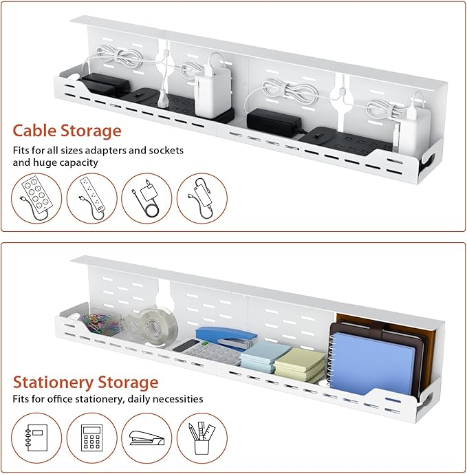 Univivi Under Desk Cable Management Tray - 32" Steel Cord Organizer, No-Drill C-Clamp & Screw Mount for Office/Home, Effortless Wire Management (White)