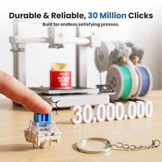 75PCS Keyboard Clickers for 3D Prints, Crisp Clicks, Strong Tactile Bump, Dustproof, 3-Pin Blue Mechanical Keyboard Switches for 3D Printed Clicker Fidget, Extra 15PCS Metal Keychain