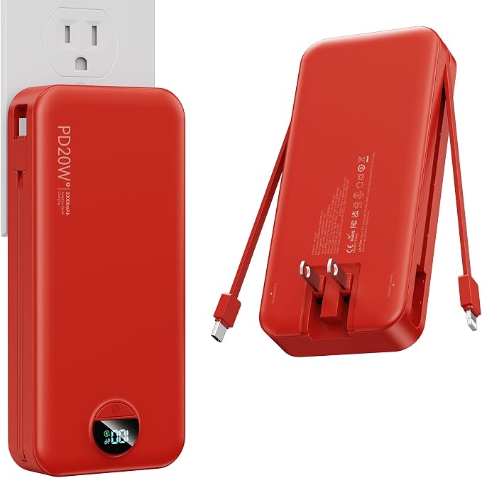 Nusyddy Portable Charger 20000mAh PD20W w/Built-in Cables & Wall Plug Red | PD20W Fast Charging, High Capacity, LED Display, Charge 5 Devices at once, TSA Approved, Compatible with iPhone/iPad/Samsung