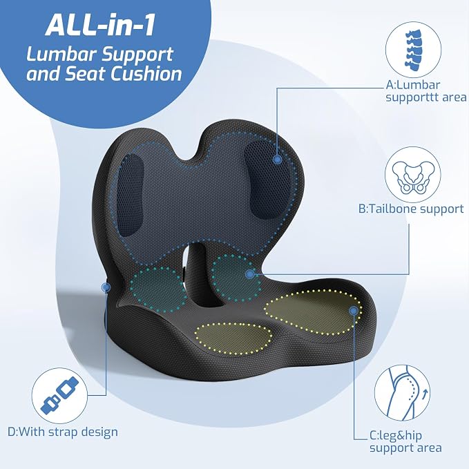 Seat Cushion,Memory Foam Chair Cushion for Office and Car,Ergonomic Coccyx Seat Cushion for Tailbone,Sciatic Nerve,Lower Back Pressure Relief,Lumbar Support Pilow for Office,Car,Truck,Desk Chair