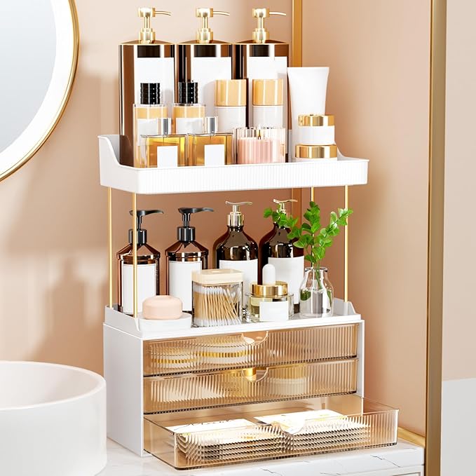 StorBin Arcylic 5-Tier Makeup & Skincare Organizer for Vanity, Bath, 2 Sets | Smooth 3 drawers, clear body, gold frame, non-slip, for perfumes, serums, face masks, palettes, vanity & bath counter,Amber
