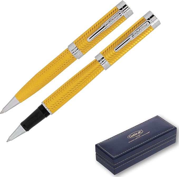 Conklin Herringbone Signature Pen Set – Yellow Rollerball + Ballpoint with Standard Refills – Luxury Writing Gift Set for Professionals, Collectors, and Everyday Use
