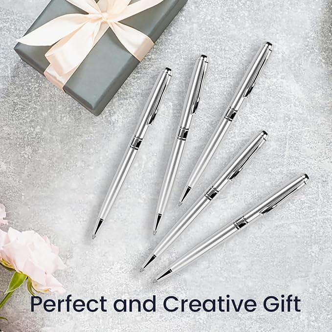 Cambond Ballpoint Pens Black Ink - Weighted Metal Twist Silver Pens for Police Uniform Flight Attendant Business, 1.0 mm Medium Point Smooth Writing, 5 Pack (Silver)