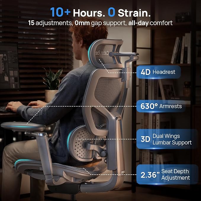 Ergonomic Office Chair with Adaptive Dual-Wing Lumbar Support - Over 10 Hours Sitting Comfortable Mesh Big and Tall Home Desk Chair, 4D Headrest, 630° Armrst, Seat Depth Adjustable