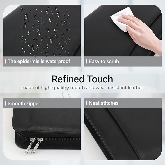 Faux Leather Zippered Padfolio with 3 Ring Binder, Executive Portfolio Organizer Binder, Fits 13.9" Laptop/Tablet, Refillable Writing Pad Pocket, Black
