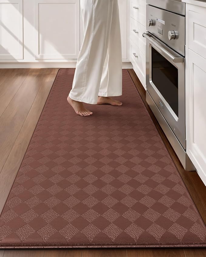 Color&Geometry Checkered Kitchen Runner 24x87 Wide Long Antifatigue, Brown | Waterproof & Oil Proof, Easy Clean PVC Large Kitchen Rug For Busy Family, 0.4in Thick Cushion For Long Standing, Non Slip