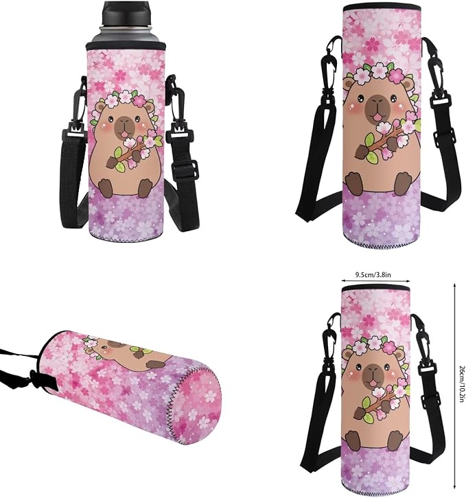 WELLFLYHOM Cute Capybara Elementary School Backpack for Girls, 4PCS Set Cherry Blossom Backpack with Lunch Box for Kids 6-11, 17 Inch Bookbag with Adjustable Strap for All Day School