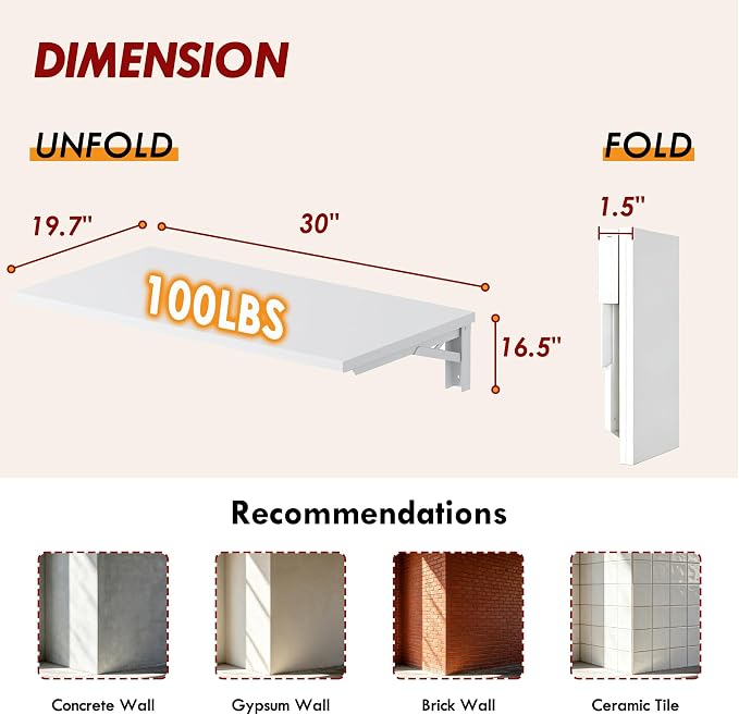 Need Small Fold Down Table Wall Mounted Heavy Duty Small Folding Wall Table Length 30 inches Width 20 inches Perfect Addition to Laundry Room/Home Bar/Kitchen & Dining Room AC15DW(7650)