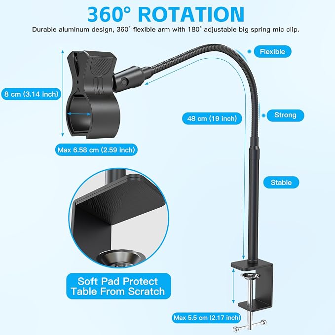 ZealSound Microphone Stand 19inch,Flexible Gooseneck Desktop Mic Stands,Upgraded Microphone Clip Holder for Mics with Outer Diameter 1.03" and 2.59",3/8" to 5/8" Screw Adapter for Blue Yeti and More