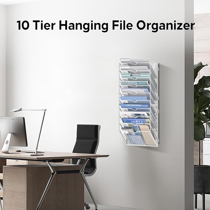 10 Tier Wall File Organizer Office Hanging Mail Holder Wall Mounted, Mesh Paper Document Organizer for Office Home School, White