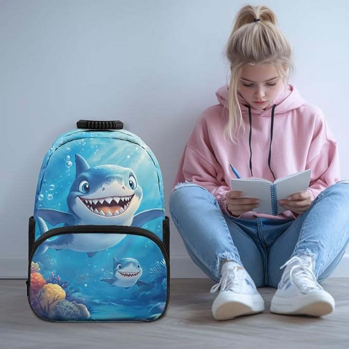 ZFRXIGN Cute Shark Backpack for Boys 4-6 6-8 Bookbag with Cute Pendant 17inch Kindergarten School Girls Bag and Insulated Lunch Box Portable Pencil Case Ocean
