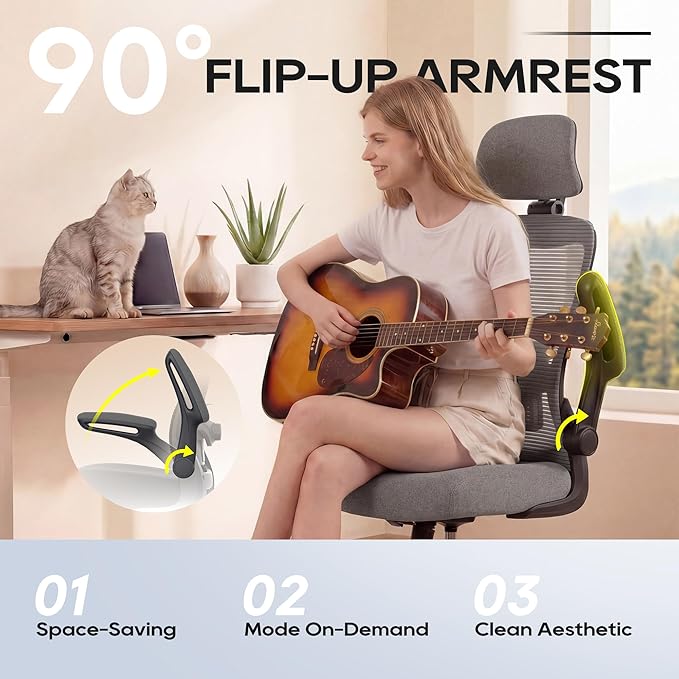 Ergonomic Office Chair, High Back Mesh Desk Chair with Adjustable Lumbar Support & Headrest, Flip-up Armrest, Computer Task Chairs for Home and Executive Office (B-Grey)