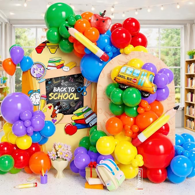 152Pcs Back to School Balloon Arch Garland Kit, Rainbow Latex Balloons and School Bus Apple Pencil Foil Balloon for Classroom Kindergarten Party Decorations, Back to School Event Supplies