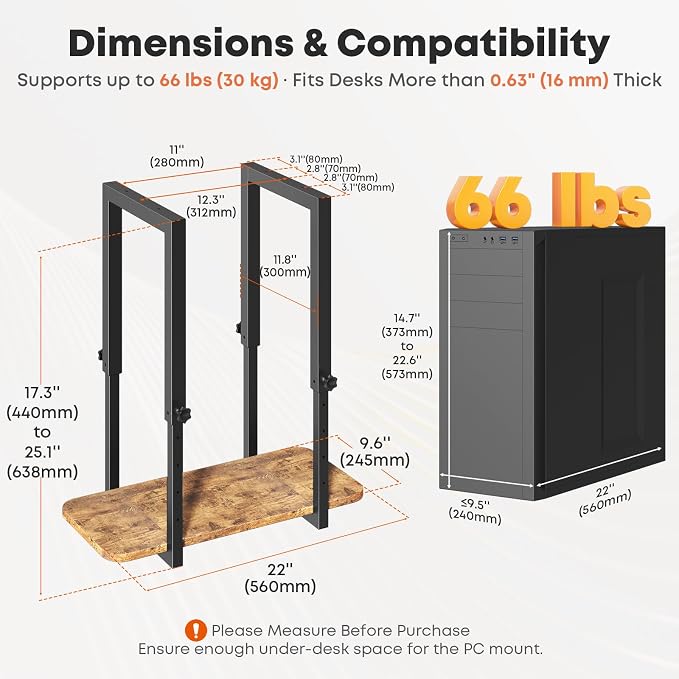 Heavy Duty Under Desk PC Mount, Height Adjustable, Black & Rustic Brown | Fits Maximum PC Case: 9.6”(Width) x 14.7''(Height), Stable Wood Base(size 22''x9.6'' ), Easy to Assemble, Max Load 66 lbs