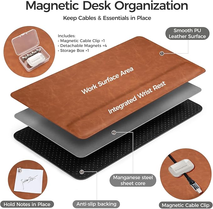 Magnetic Desk Mat System with Wrist Support 80×40cm, Premium Leather Desk Pad with Magnetic Accessories, Waterproof Non-Slip Desk Organizer for Office & Gaming