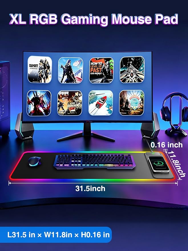 XL RGB LED Gaming Mouse Pad with 15W Magnetic Wireless Charging | 31.5'' x 11.8'' Large Desk Mat, 24 Lighting Effects Keyboard Pad with Non-Slip Rubber Base, Waterproof Easy Gliding Surface