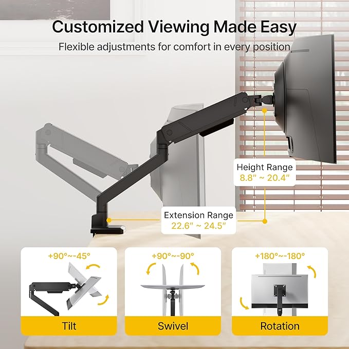 monTEK Single Monitor Arm for Max 45 Inch Ultrawide Screens Adjustable Monitor Desk Mount Holds 35 Lbs Cable Management with Clamp/Grommet Desk Mount, VESA 75/100mm
