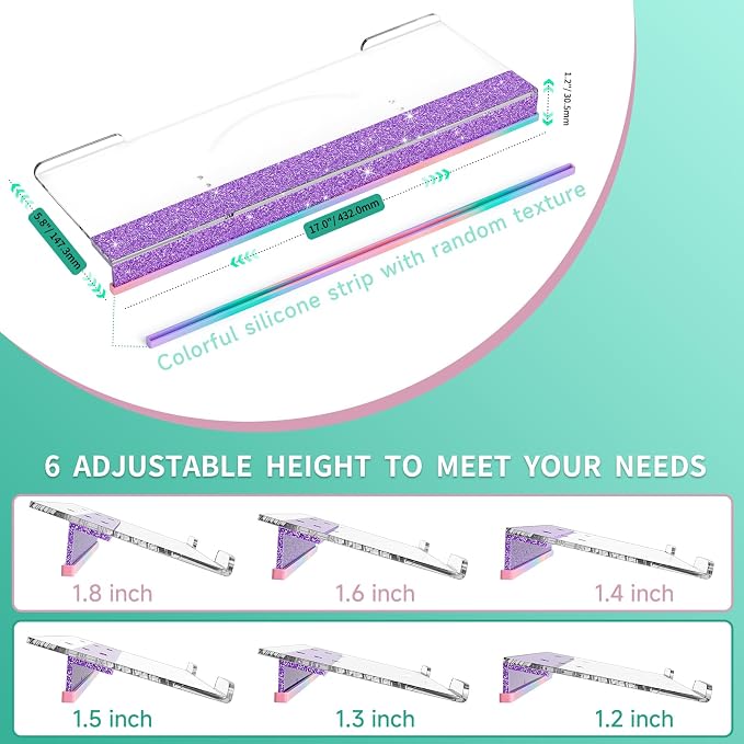 Ergonomic Computer Keyboard Stand - Adjustable Keyboard Riser Tilt Clear and Glitter Purple Acrylic Keyboard Tray Non-Slip Elevated Typing Key Board Holder Lift for Home Office Desk Accessories