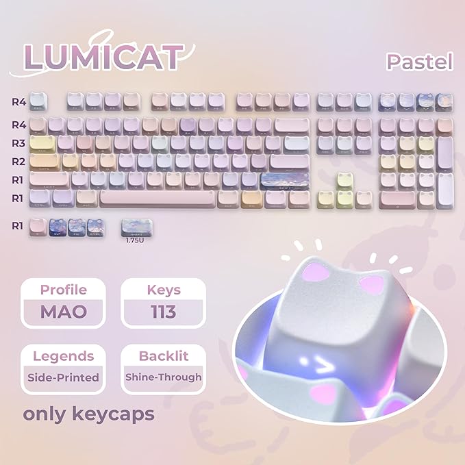 XVX Cute Shine Through Lumicat Keycaps, Mao Profile Purple PBT Keycaps for Mechanical Keyboard, Meow Meow Keyboard Keycap Sets Compatible with 65% 75% 96% 100% Cherry Gateron MX Switches Keyboards