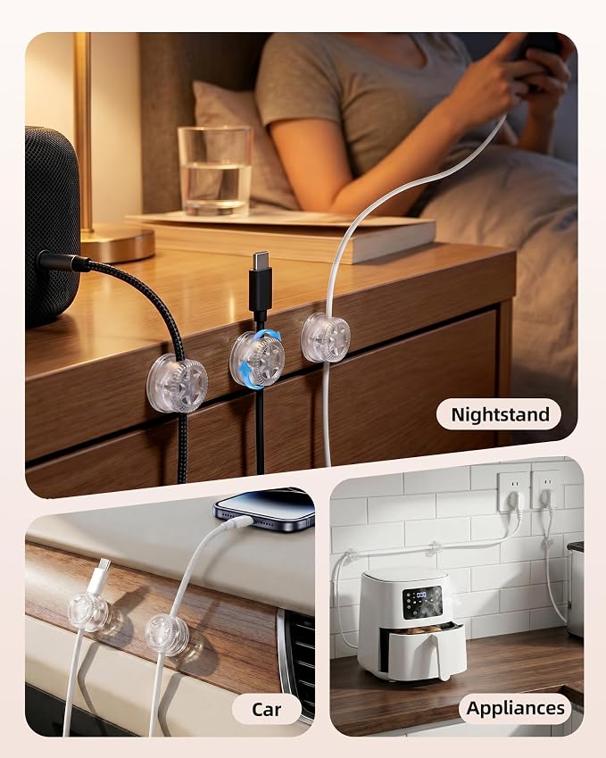 AGPTEK 8 Pack Magnetic Cable Clips, 360° Rotatable Cord Holder, Clear | Adhesive Desk Cord Organizer for Nightstand, Home Office Wire Management Wire Keeper for Phone Charger USB Charging Cables