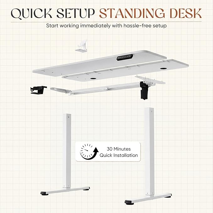Furmax Electric Standing Desk, 45 x 24 Inches Height Adjustable Sit Stand up Desk, Memory Preset Computer Home Office Desks with Sturdy Metal Frame, Phone Stand Cable Management Hole (White, 45'')