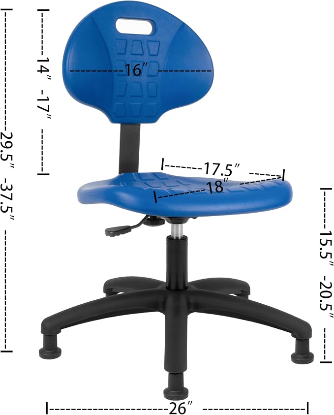 Table Height Chair/Stool-Easy to Clean! Deluxe Ergonomic Polyurethane Chair. 5" of Height Adj (15.5"-20.5") 450 lb Capacity. Automotive, Lab, Garage, Home, Office (Glides, Blue)