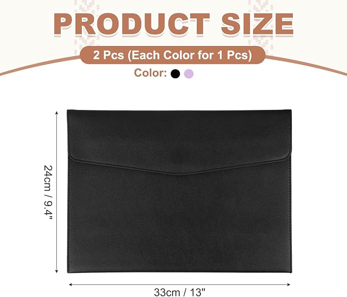 PATIKIL 2Pcs PU Leather A4 File Folder, Document Holder Envelope Waterproof Napa Texture Filing Organizer Portfolio Folder Case with Magnetic Snap Closure for Home Office, Black, Purple