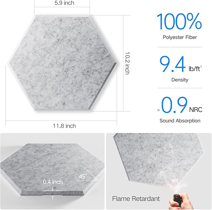 12 Pack Self-Adhesive Acoustic Panels 12" X 10" X 0.4" - Sound Proof Foam Panels for Walls, Hexagonal Design, High Density, Absorb Noise and Eliminate Echoes(Silver Gray)