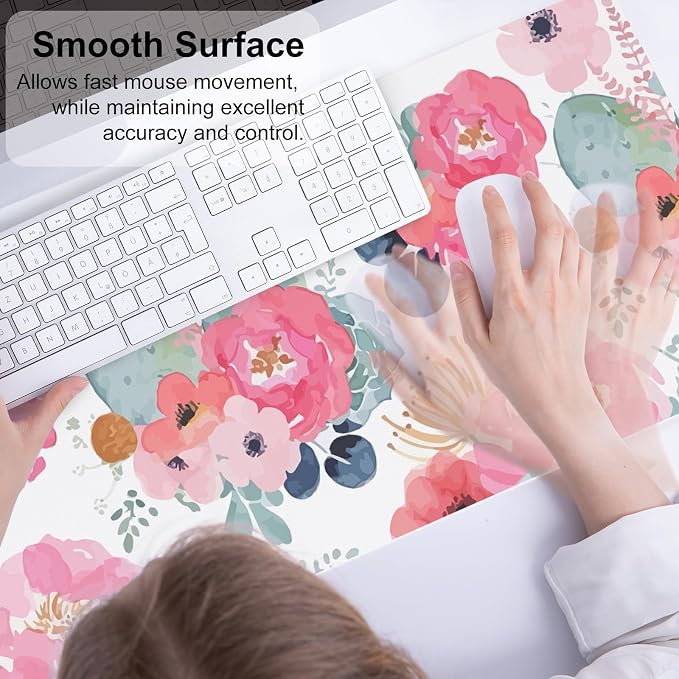QIYI Large Mouse Pad, Pink Floral Desk Mat for Desktop, Women Girls PU Leather Waterproof Gaming Mousepad, Computer Laptop Desk Accessories Protector Writing Pads for School Office Home 31.5" x 11.8"