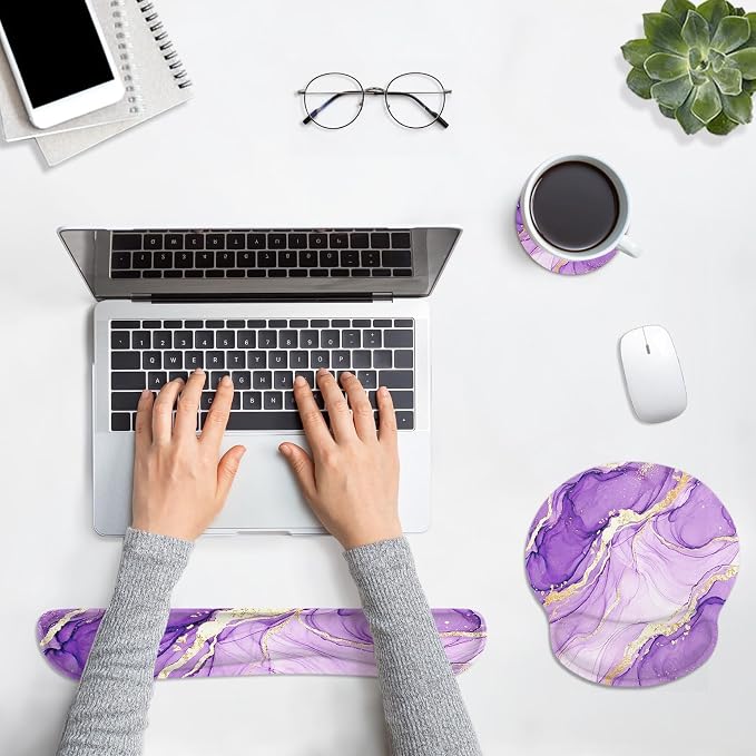 Britimes Purple Gold Marble Ergonomic Mouse Pad Set with Wrist Rest Non-Slip Rubber Base Wrist Cushion Support and Coasters Mousepad with Wrist Support for Computer Keyboard and Desk
