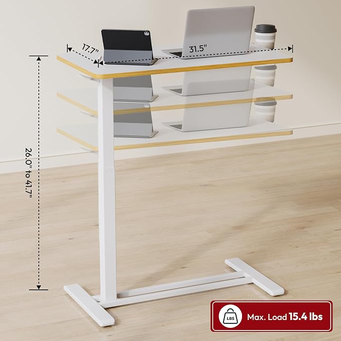 SANODESK 32'' Mobile Standing Desk with Hidden Wheels,Pneumatic Laptop Desk | Computer Cart Movable Height Adjustable Table Small Sit Stand Desk for Home Office Hospital Use,31.5" W x 17.7" D,White Maple
