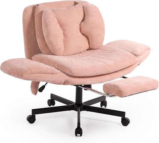 Criss Cross Office Chair with Footrest and 5-Gear Adjustable Arms, Pink | Wide seat cross-legged desk chair, flip lumbar pillow, airbag support, linen fabric, for home office, vanity and meditation