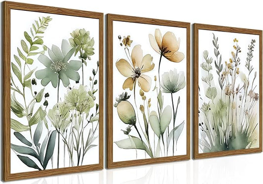 Wood Framed Sage Green Botanical Wall Art Set of 3, Boho Floral Canvas Wall Decor Paintings, Minimalist Flower Posters Prints Pictures for Bedroom Bathroom Living Room Home Decor 16x24 Inch