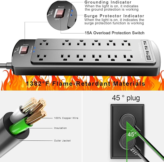 Power Strip, Nuetsa Surge Protector with 12 Outlets and 4 USB Ports, 6 Feet Flat Plug Extension Cord for Home, Office, Dorm Essentials, 2700 Joules, ETL Listed (Black)