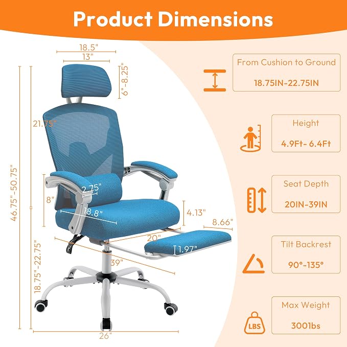 Ergonomic Desk Chair, High Back Office Chair with Wheels, Elegant Blue | Computer Chair with Footrest, Swivel Reclining Gaming Chair with Headrest, Comfy Armrest for Home, Office, Work, Study