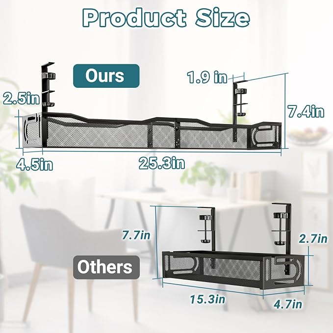 Cable Management Under Desk, 25.3'' No Drill Desk Cable Management Tray with Clamp, Metal Cord Organizer for Standing Desk, Computer Wire Management for Home Office & Gaming Setup, Black