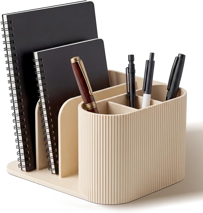 Ribbed Desk Organizer with 6 Compartments, Modern Aesthetic Desk Accessories for Men & Women, Cream Pen Holder Book Organizer Desktop Storage Caddy for Home Office School Workspace Decor
