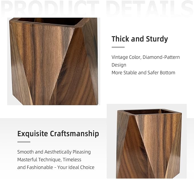 Pen Holder for Desk - Black Walnut Wooden Pen Organizer, Prismatic Shape Writing Stationary Organizer for Multiple-Use Office and School Supplies Storage