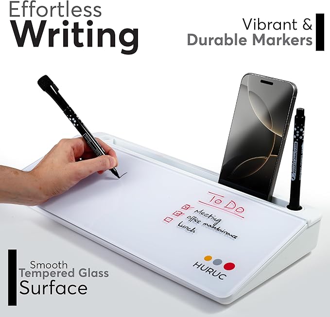 Small Glass Desktop Whiteboard with Storage,15.3"x7.08"x2.16" inch Desk White Board with Markers & Duster, Desktop Dry Erase Board, Desk Buddy Organizer for Home, Office, School (White)