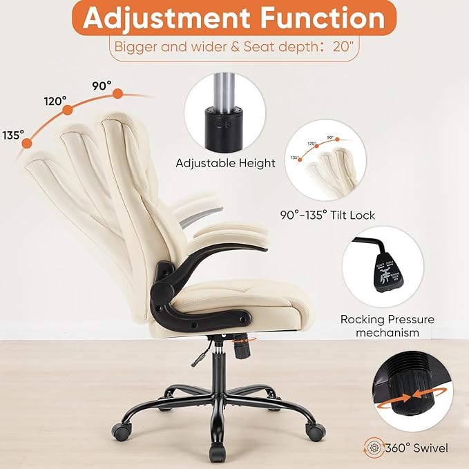 Sweetcrispy Ergonomic Computer Gaming Office Chair Set of 2, Heavy Duty Task Desk Swivel Rolling Chairs with Wheels, Flip-up Arms, Adjustable Height, PU Leather,Cream White