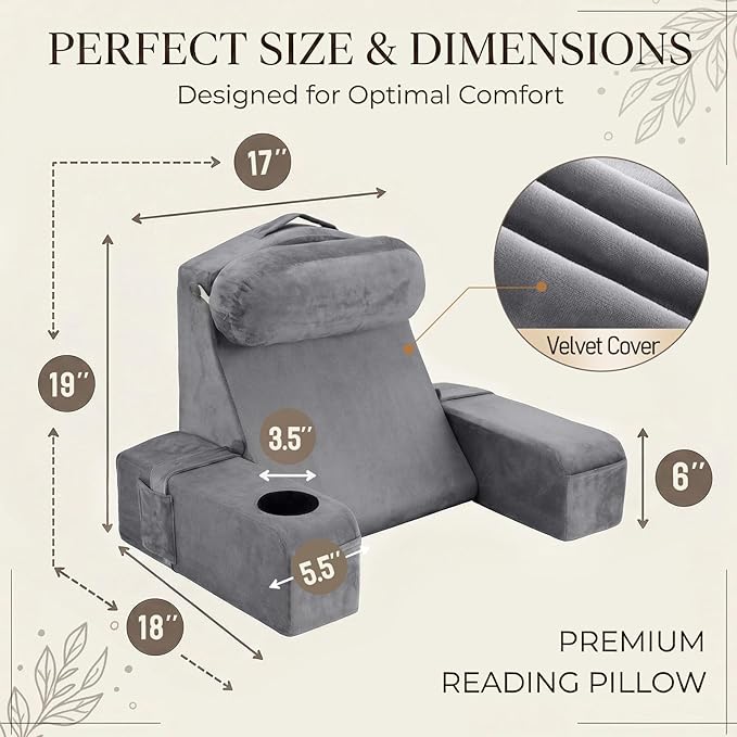 19 INCH Reading Pillow for Adults, Back Pillow for Bed Sitting Up, Backrest Pillow for Sitting in Bed, Detachable Arms with Built-in Cup & Phone Caddy (Gray, 19 INCH)
