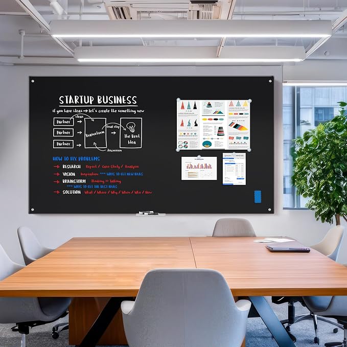 maxtek Black Dry Erase Board 72" x 48", Black Whiteboard Glass Frameless, Large Magnetic Glass White Board for Office School