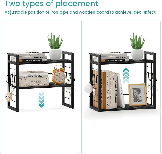 ELITEROO Desk Shelf Organizer, 2 Tier Wooden Desktop Bookshelf, Black | Desktop Shelf Organization, Adjustable Table Storage Rack, Mini Table Top Display Shelf for Home Office