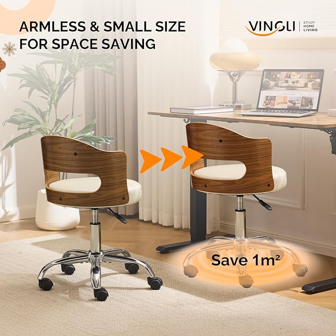 VINGLI Armless Home Office Desk Chair, Adjustable Swivel Chair,Dual-Use with/no Wheels,Small Retro Designed Walnut Curved Task Chair,Cushioned Nail Tech Chair for Study Area,Workspace,PU,Ivory White