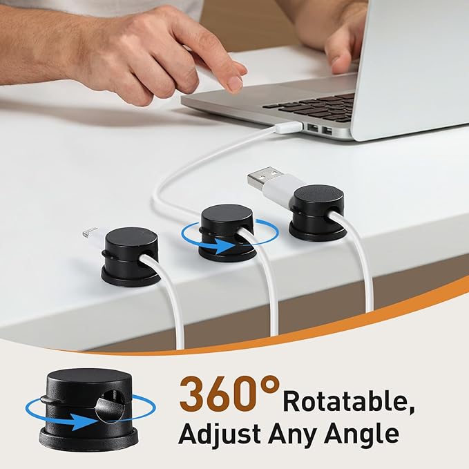 AGPTEK 8 Pack Magnetic Cable Clips, 360° Rotatable Cord Holder, Black | Cable Holder for Nightstand, Desk Cord Organizer Adhesive Wire Management Home Phone Charging Cords USB Cable Keeper