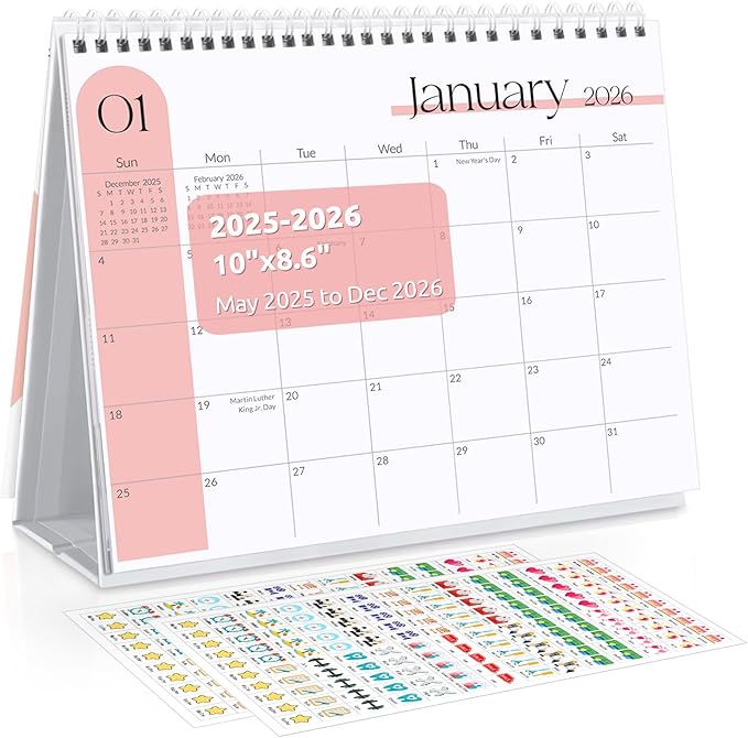 SKYDUE Desk Calendar 2026-2027, Apr. 2026 to Dec. 2027, 21 Months Small Desk Calendar with Planner Stickers, 10" x 8" Desktop Calendar Planner, Minimalist